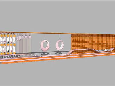Orange Grid Patterned Feature Wall With Pink Circular Decorations And Curved Base 3d model