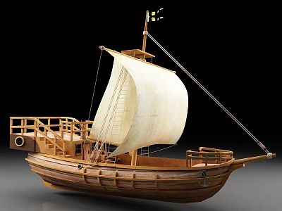 Classic Wooden Sailing Ship Model With White Sail And Deck Structure 3d model
