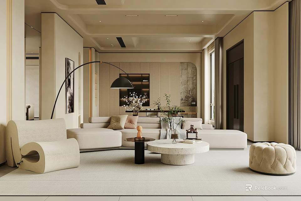 Modern Living Room Interior With Beige Sofa Round Coffee Table And Floor Lamp 3d model 