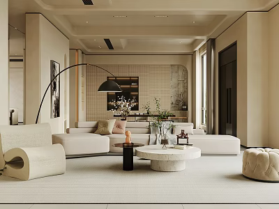 Modern Living Room Interior With Beige Sofa Round Coffee Table And Floor Lamp 3d model