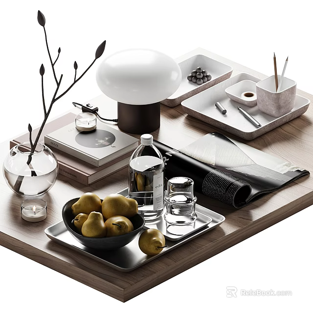Chic Decorative Ornament Set with Vase Twigs Table Lamp Trays Pears Glass and Magazine 3d model 