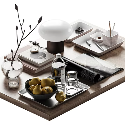 Chic Decorative Ornament Set with Vase Twigs Table Lamp Trays Pears Glass and Magazine 3d model