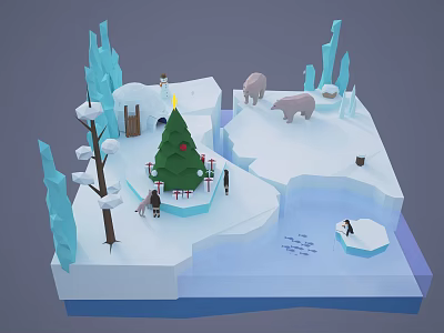 Cartoon Snowy Winter Scene With Christmas Tree Penguins Polar Bears Icicles And Log Cabin 3d model
