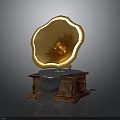 Classic Vintage Gramophone Design With Golden Horn Wooden Base And Cloth Cover