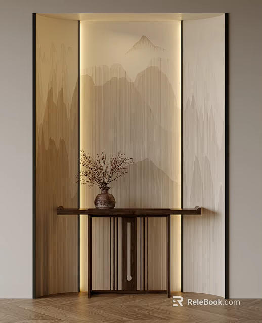Wooden Entryway Side Console Cabinet With Mountain Pattern Backdrop Vase Dried Branches And Warm Lighting 3d model