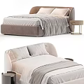 Double Bed with White Sheets Gray Blanket and Round Nightstands in Modern Bedroom Interior