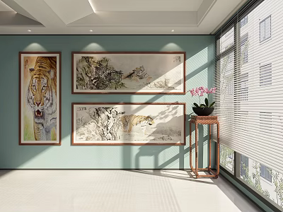 Animal Paintings Featuring Tiger Artworks in Interior Decor With Side Table And Potted Plant 3d model