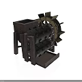 Vintage Industrial Metal Equipment With Square Box Bladed Wheel And Cylindrical Rollers