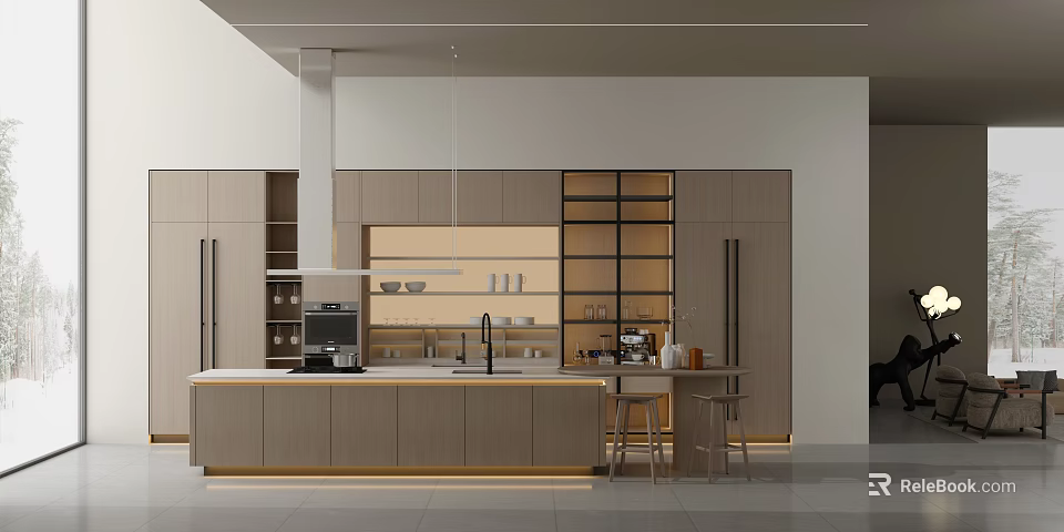 Modern Kitchen Interior Design With Island Counter Cabinets And Pendant Lights 3d model 