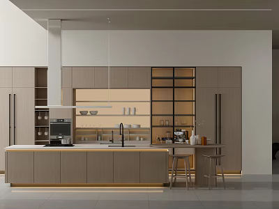 Modern Kitchen Interior Design With Island Counter Cabinets And Pendant Lights 3d model