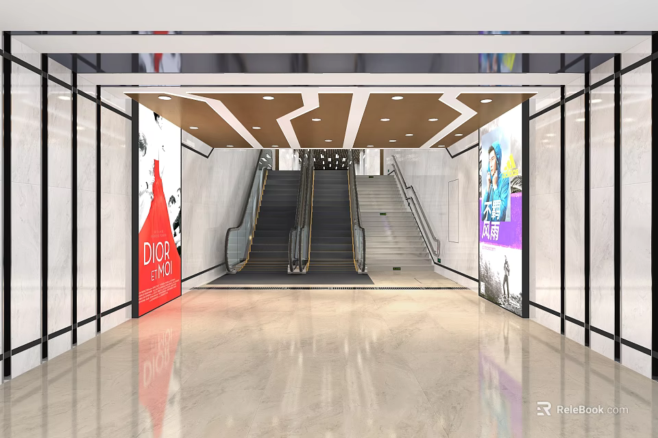 Modern Shopping Mall Lobby With Escalators Advertisements And Marble Floor 3d model 