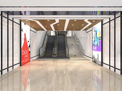 Modern Shopping Mall Lobby With Escalators Advertisements And Marble Floor 3d model