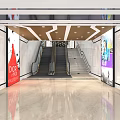Modern Shopping Mall Lobby With Escalators Advertisements And Marble Floor