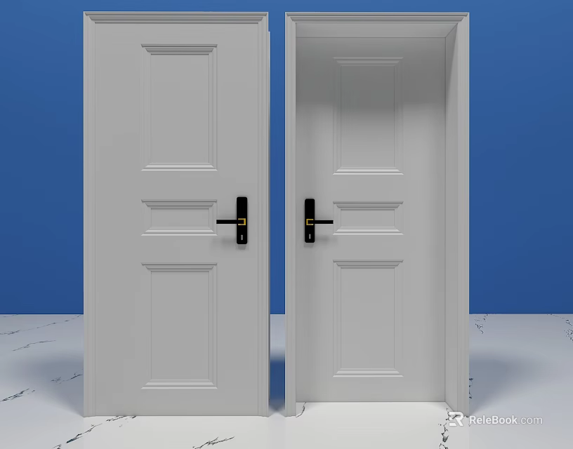 White Hinged Doors With Simple Panel Design And Black Handles 3d model 
