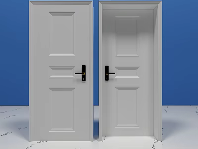 White Hinged Doors With Simple Panel Design And Black Handles 3d model
