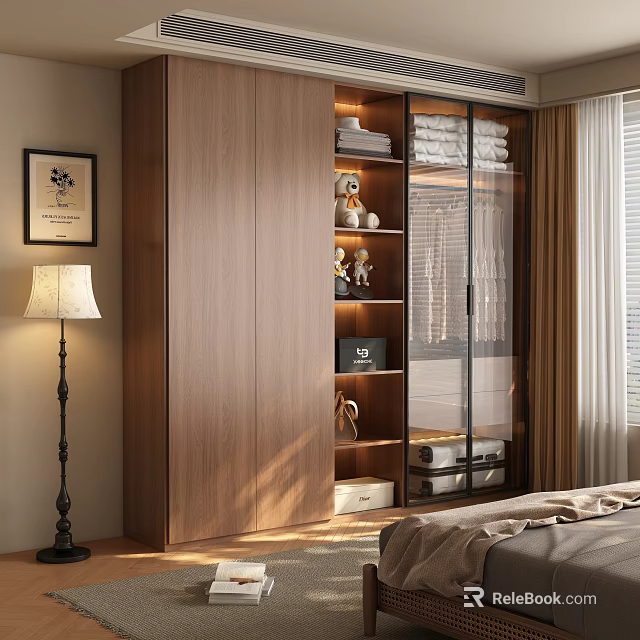 Modern Wooden Wardrobe With Glass Doors And Open Shelves For Bedroom Storage 3d model 