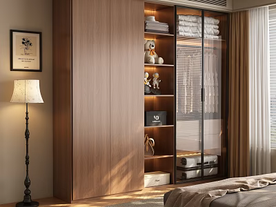 Modern Wooden Wardrobe With Glass Doors And Open Shelves For Bedroom Storage 3d model