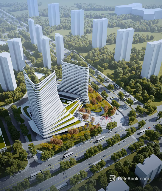 Aerial Planning of Modern Urban District Featuring High Rise Buildings and Green Spaces 3d model 