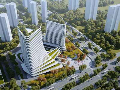 Aerial Planning of Modern Urban District Featuring High Rise Buildings and Green Spaces 3d model