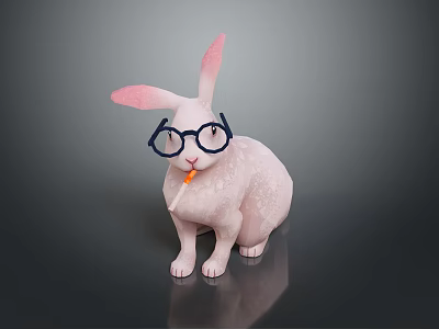White Rabbit With Blue Glasses And Carrot In Mouth On Dark Reflective Background 3d model