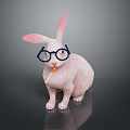 White Rabbit With Blue Glasses And Carrot In Mouth On Dark Reflective Background