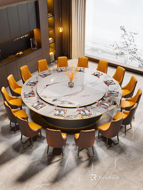 Elegant Restaurant Interior With Round Marble Table Yellow Chairs Vase And Tableware 3d model 