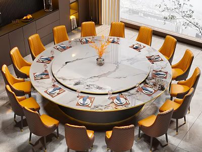 Elegant Restaurant Interior With Round Marble Table Yellow Chairs Vase And Tableware 3d model