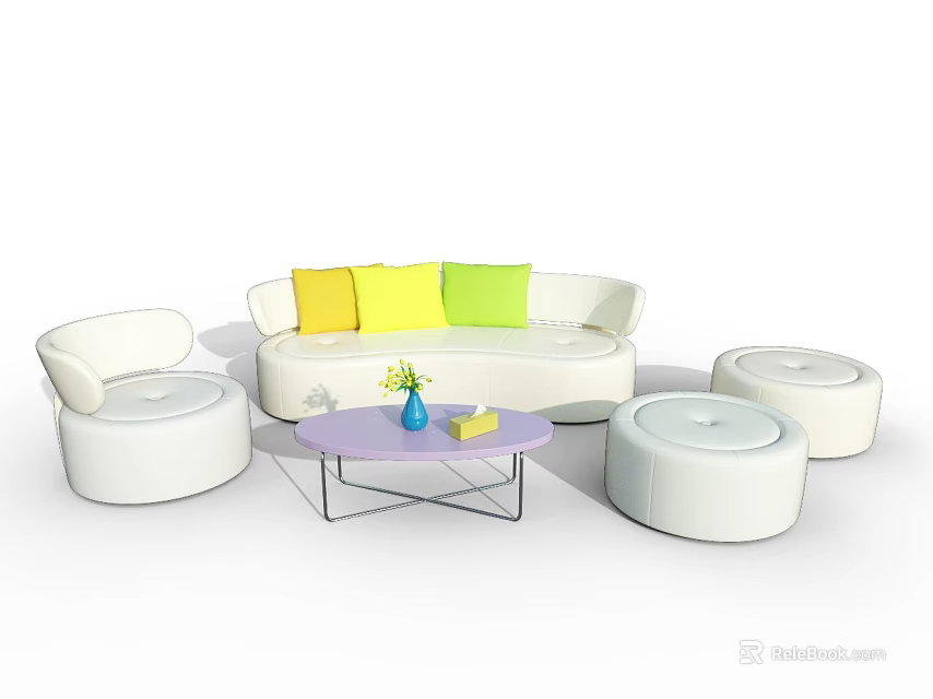 Modern Round Sofa And Coffee Table Set With Colorful Pillows And Stools 3d model