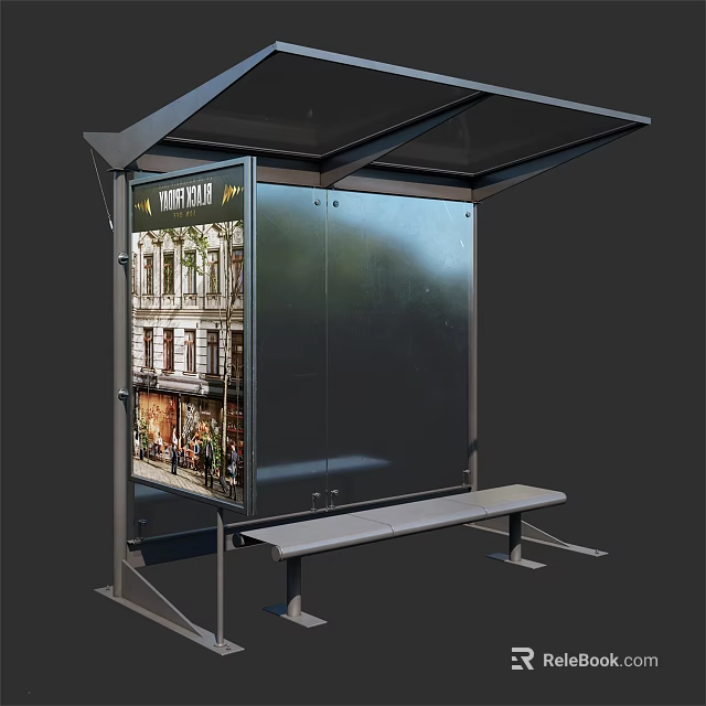 Modern Public Bus Stop Shelter With Transparent Roof Advertising Panel And Bench 3d model 