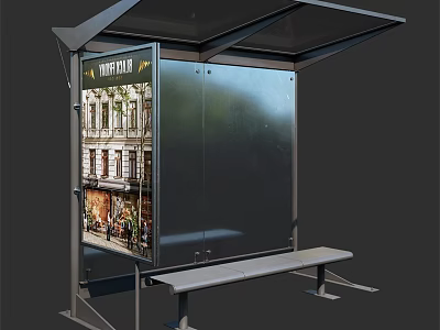 Modern Public Bus Stop Shelter With Transparent Roof Advertising Panel And Bench 3d model
