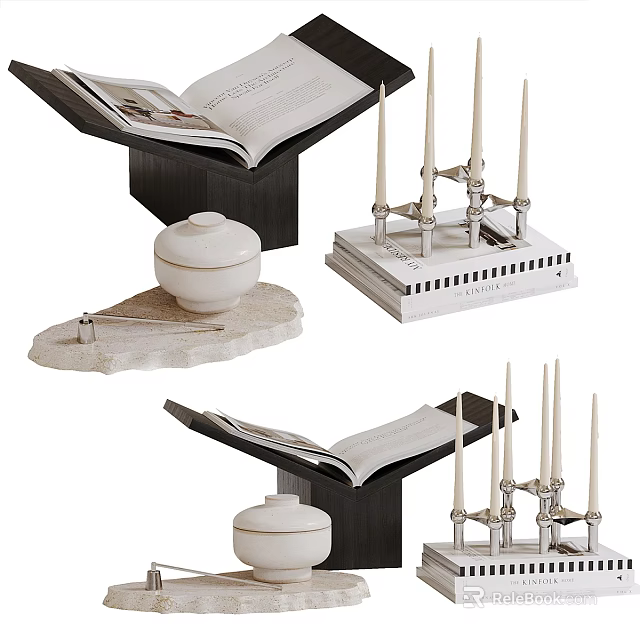Modern Decorative Ornament Set With Open Book Candle Holder White Jar And Stone Slab Base 3d model 