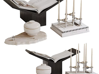 Modern Decorative Ornament Set With Open Book Candle Holder White Jar And Stone Slab Base 3d model