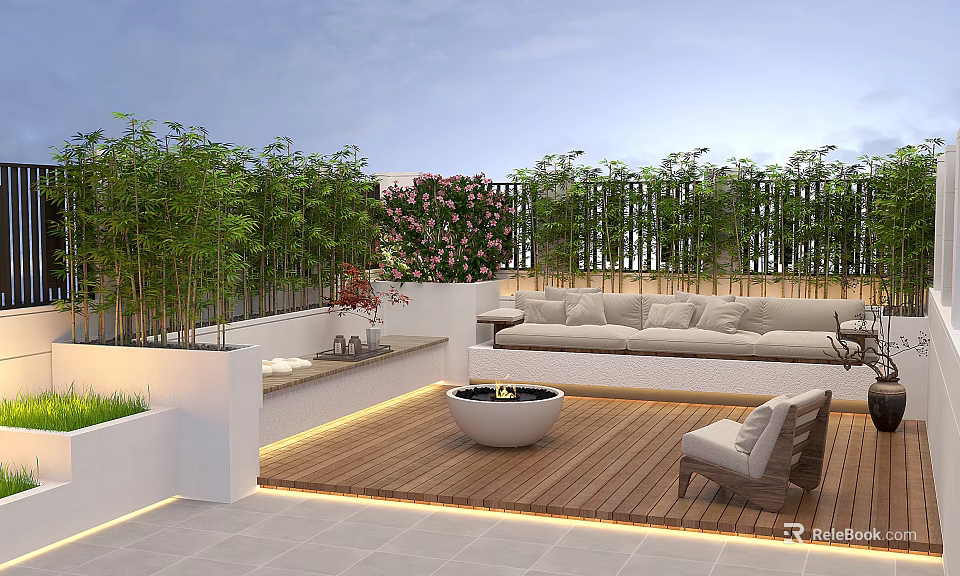 Modern Rooftop Garden Design With Lush Green Plants Sofa And Wooden Deck 3d model 