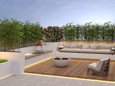 Modern Rooftop Garden Design With Lush Green Plants Sofa And Wooden Deck 3d model