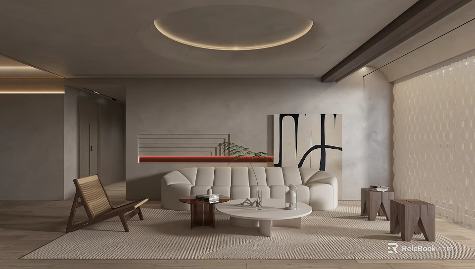 Modern Living Room Interior With White Sofa Abstract Painting And Woven Rug 3d model 