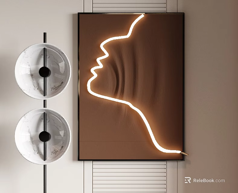 Modern Wall Art With Brown Background And White Neon Line Design Alongside Circular Lamps 3d model 