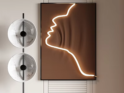 Modern Wall Art With Brown Background And White Neon Line Design Alongside Circular Lamps 3d model