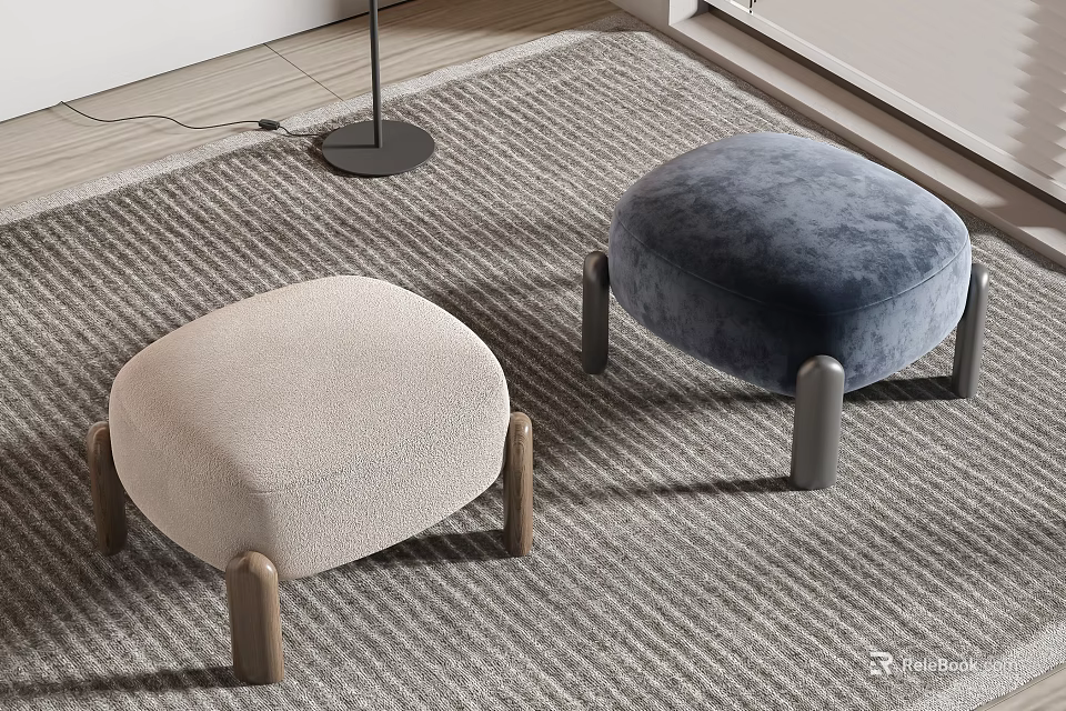 Beige And Navy Blue Velvet Ottoman Stools With Wooden Legs Modern Design On Gray Carpet 3d model 