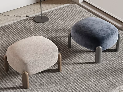 Beige And Navy Blue Velvet Ottoman Stools With Wooden Legs Modern Design On Gray Carpet 3d model