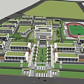 Modern School Building with Rectangular Blocks Grey Exterior Large Glass Windows Front Road Green Belt