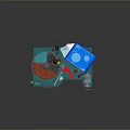 Teal L Shaped Workbench With Tools Paint Palette And Desk Lamp