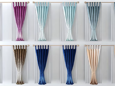 Colorful Velvet Curtains In Various Styles Hanging On Rod For Home Decoration 3d model