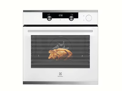 Stainless Steel Electric Oven with Digital Display and Control Panel Cooking Roast Chicken in Kitchen 3d model