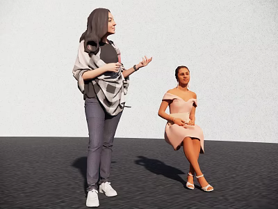 Two Women Standing In Gray Shawl Jeans And Sitting In Pink Dress With Light Wall 3d model