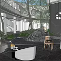 Serene Garden Landscape With Circular Platform Fire Pit Lounge Chair Water Feature And Greenery