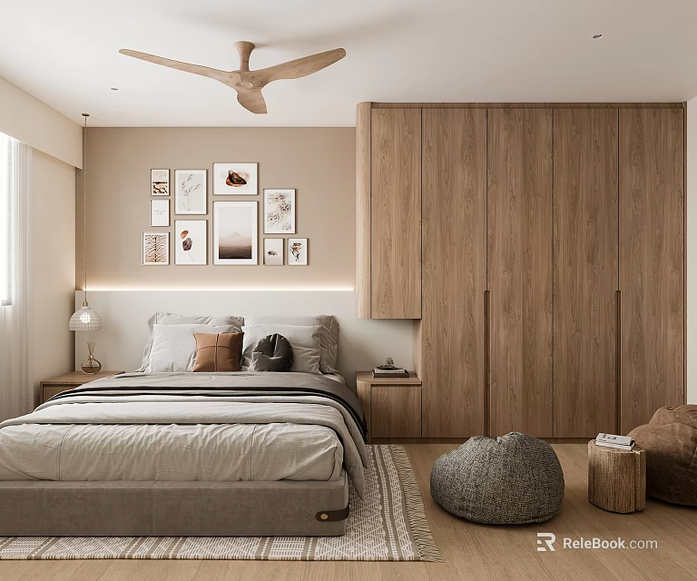 Modern Apartment Bedroom With Wooden Wardrobe Ceiling Fan And Art Decor 3d model 
