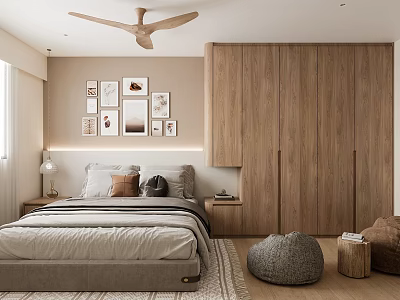 Modern Apartment Bedroom With Wooden Wardrobe Ceiling Fan And Art Decor 3d model
