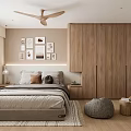 Modern Apartment Bedroom With Wooden Wardrobe Ceiling Fan And Art Decor
