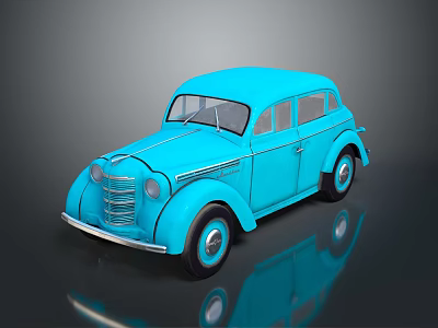 Vintage Blue Sedan Car Model with Classic Rounded Body on Reflective Black Surface 3d model