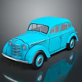Vintage Blue Sedan Car Model with Classic Rounded Body on Reflective Black Surface